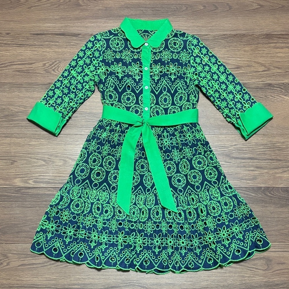 Gretchen Scott Designs Vibrant Green and Navy Midi Dress Size: Small